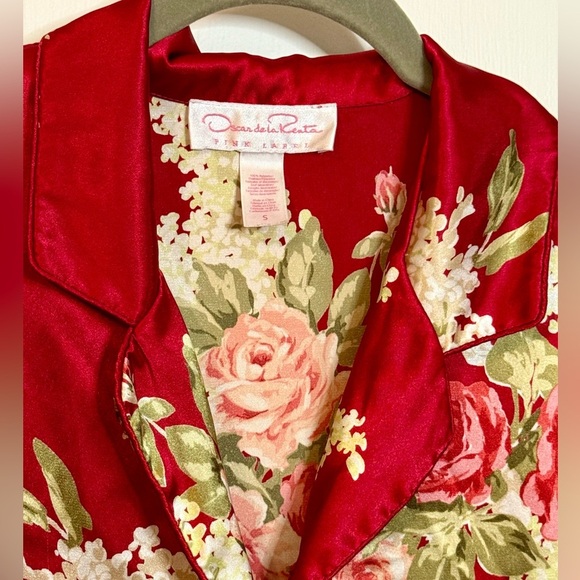Oscar de la Renta Red Floral Long Sleeve Satin Button Up Blouse Top- Size Small - Picture 9 of 9